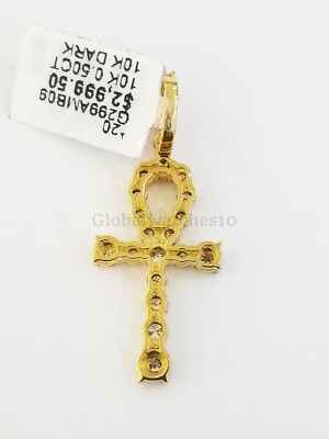 Pre-owned Globalwatches10 10k Yellow Gold 0.50 Ct Diamond Ankh Cross Men Women Charm Pendant 1.5" Realgold