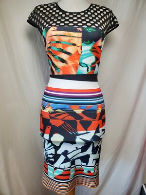 Clover Canyon Bod-Con Fitted Scuba Sheath Dress Sz XS Colorful Cap Sleeve Black