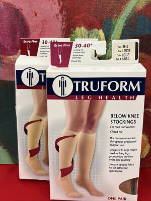 TruForm Lot Of 2 Pr 30-40mmHg Below Knee CT Stockings Large Beige New In Box