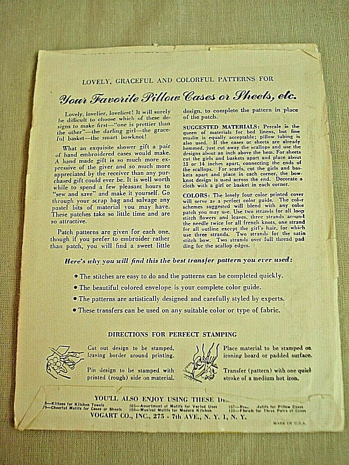 Vtg UNCUT 1940-1950's VOGART Transfer Pattern #146-Bows/Bouquets/Southern Belles