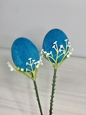 RARE Vintage MCM TEAL BLUE FLOCKED EASTER EGGS Floral Picks Crafts HTF