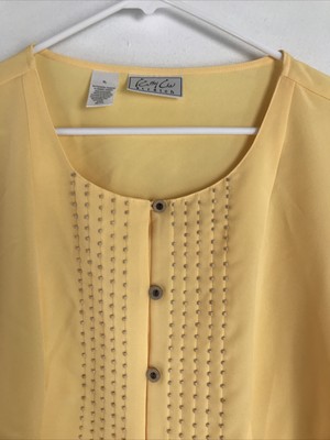Kathy Che Stretch Size XL Yellow Wood Button Down Blouse Tie Sleeves Bead Rows