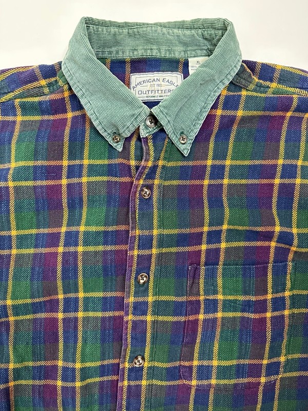 Vintage American Eagle Flannel Shirt Mens XL Corduroy Collar Grunge Hipster FLAW