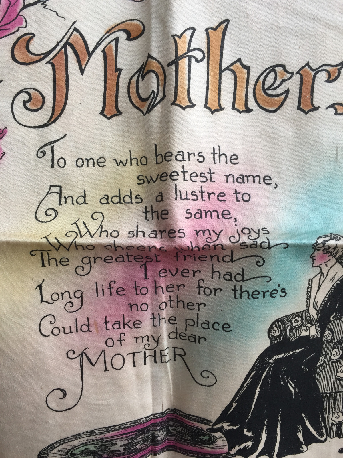 Vintage Pillow Cover Mother Poem With Fringe Original Store Tag Floral Back