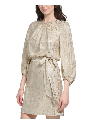 VINCE CAMUTO Womens Beige Tie-belt Lined 3/4 Sleeve Short Dress Petites 2P