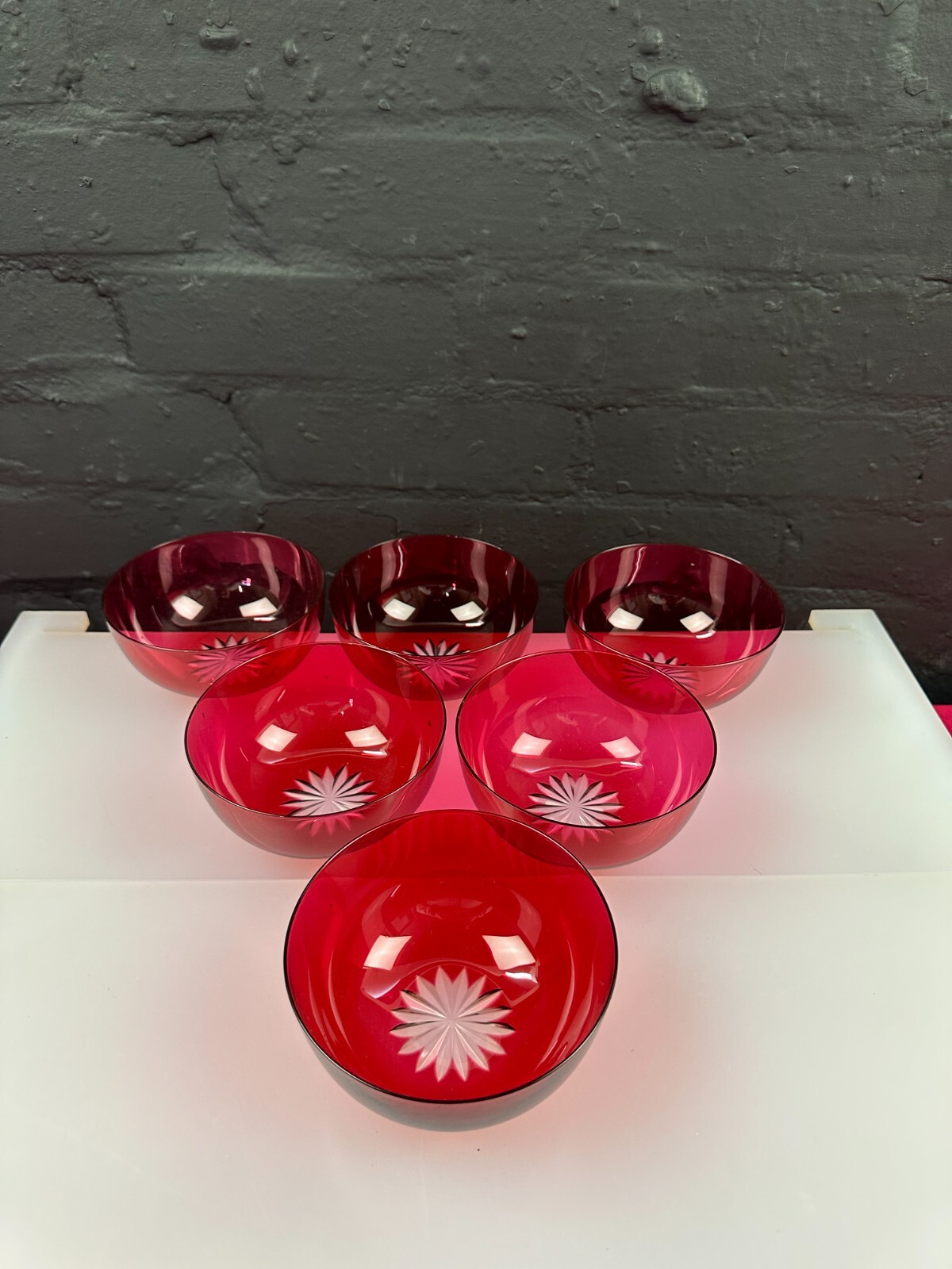 6 x Pink Cranberry Fine Glass Sweet Bowls 12.5 cm Wide x 6 cm High Set