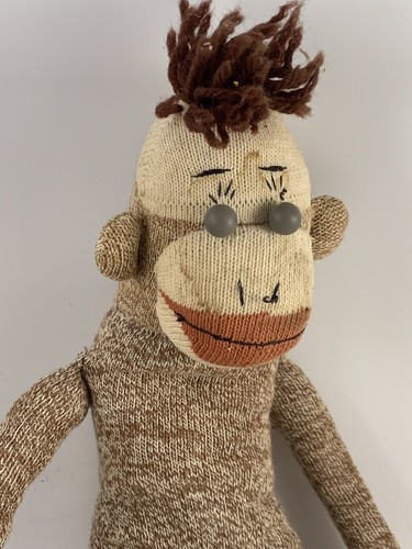 Vintage Brown & Off White Red Heel SOCK MONKEY With Ball Eyes & Brown Yarn Hair