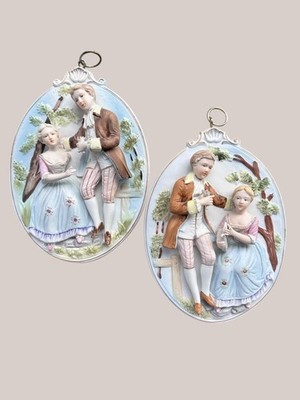 Vintage Arco Italy Bisque Porcelain Wall Plaques Couple Capodi...