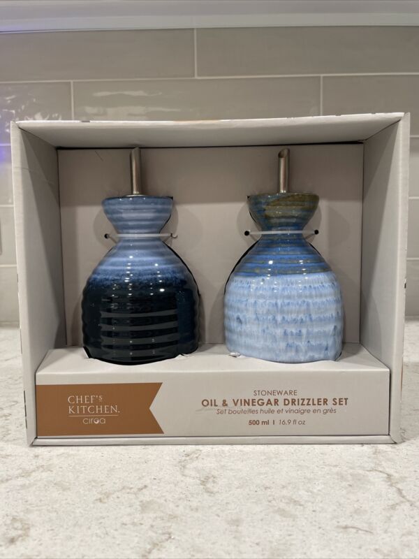 Oil & Vinegar Drizzler Cruet Set Pottery Stoneware Blue White 500ml / 16.9oz NIB