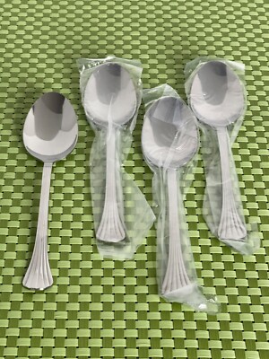 International CASCADE Stainless 4 Oval Soup Spoons Ridges Glossy NEW Flatware