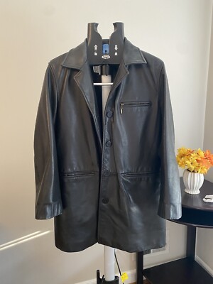 DKNY 100% Leather Oversized Black Pea Coat Sz S