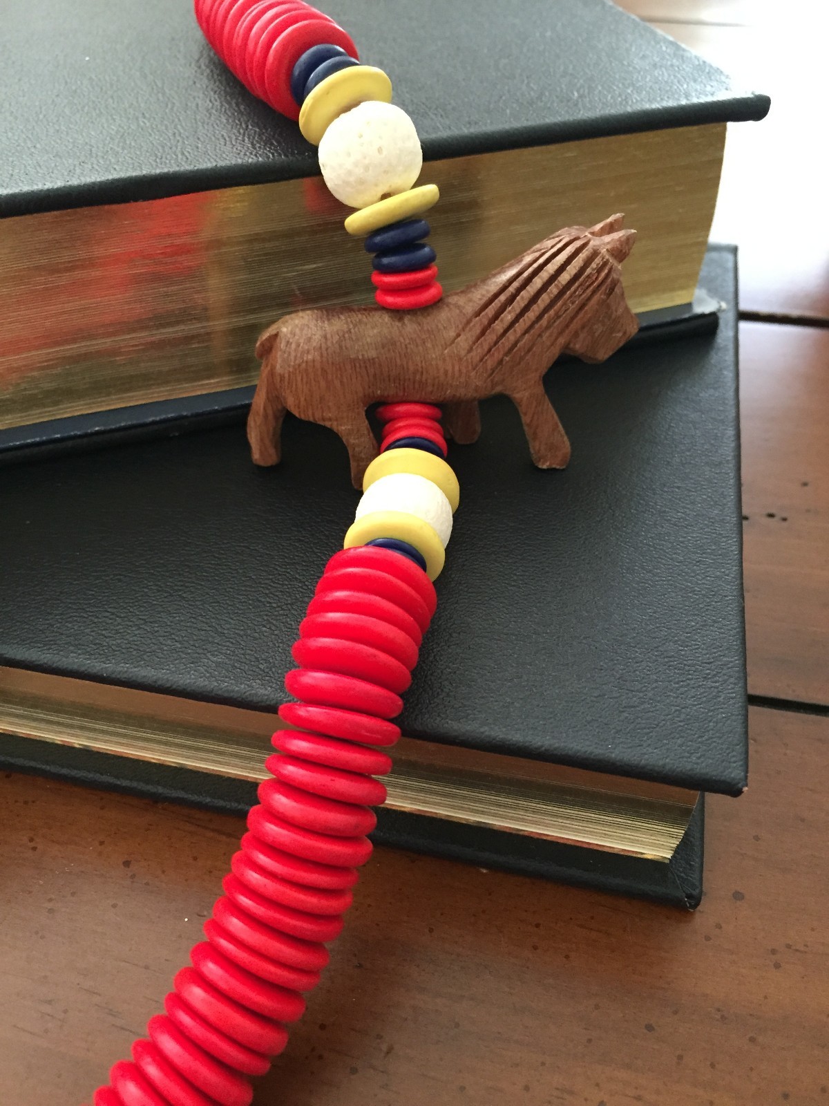 Vintage Wood Carved African Lion Necklace with Red Wood Disc Beads & Shells