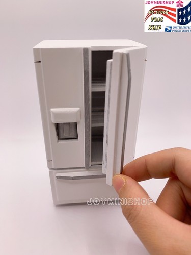 Miniature 1/12 WHITE Double-Door Wooden Refrigerator Dollhouse Model Kitchen TOY