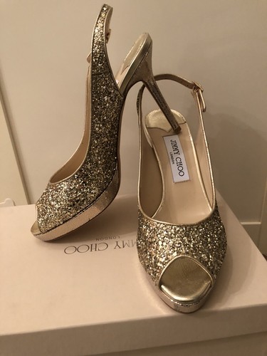 Jimmy Choo 'Nova' Champagne Glitter Slingback Pumps 38.5
