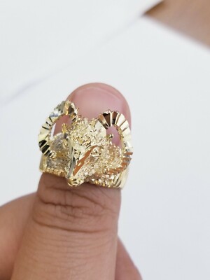 Pre-owned Globalwatches10 Real 10k Yellow Gold Antler Deer Head Mens Horn Goat Head Ring Diamond Cut