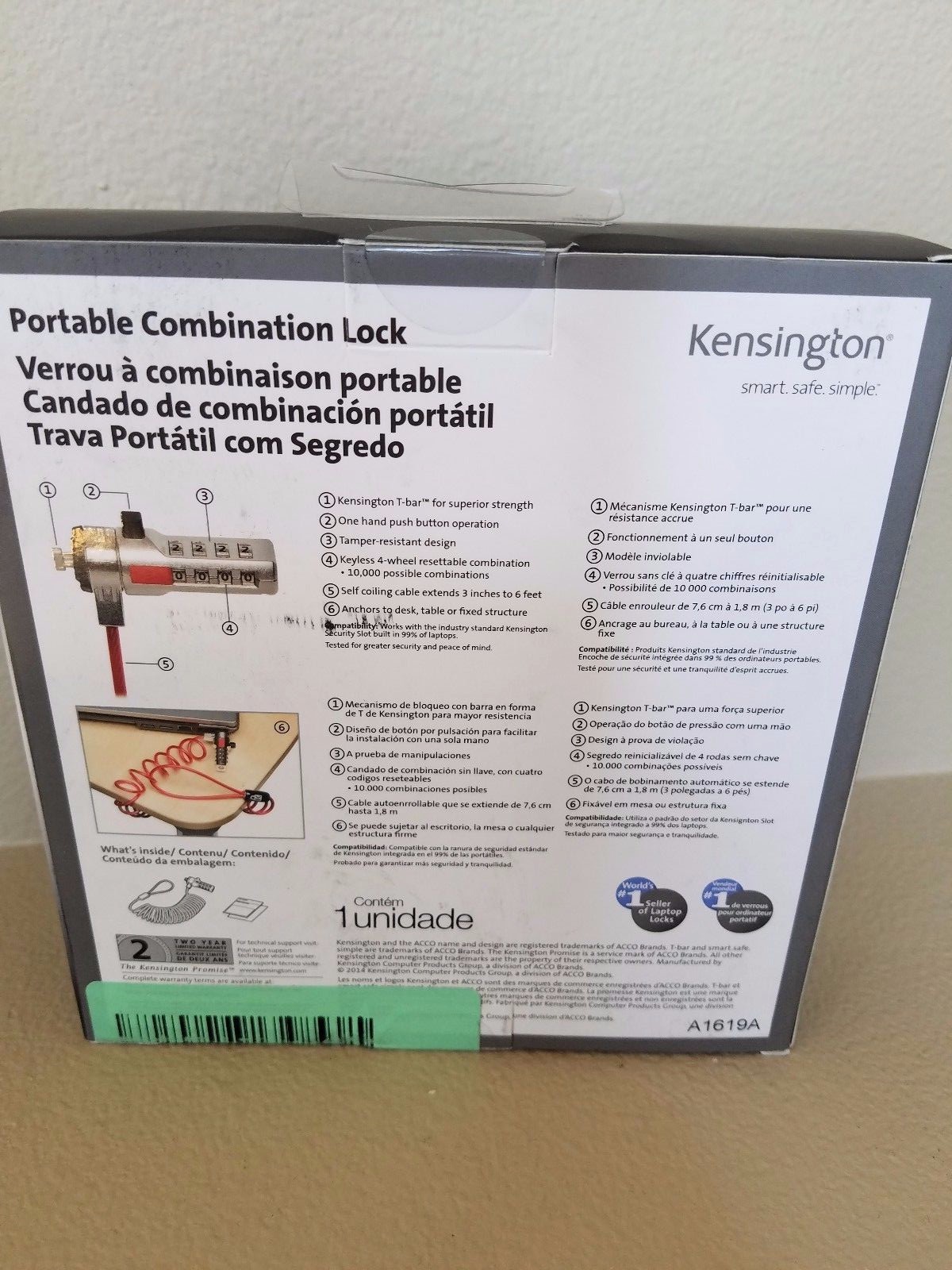 Kensington A1619A Portable Combination Laptop Lock, 6ft self coiling Cable NEW