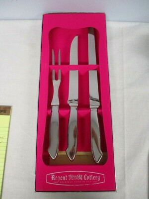 MID CENTURY REGENT SHEFFIELD JAPAN CUTLERY 3 PIECE STAINLESS CARVING KNIFE SET 