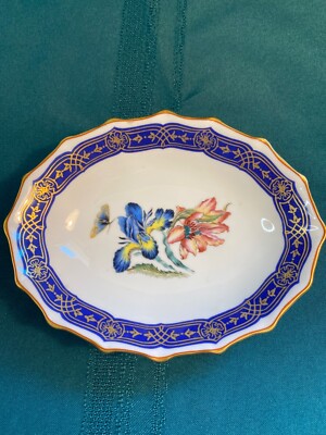MILDRED MOTTAHEDEH The Merian Service Bowl/Candy Dish Floral Blue/Gold SIGNED