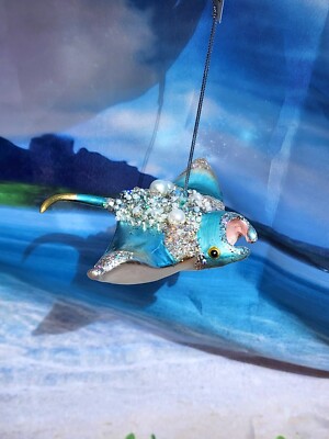 New  Glittered blown glass Jewel accented Manta Ray Sea Life  Christmas Ornament