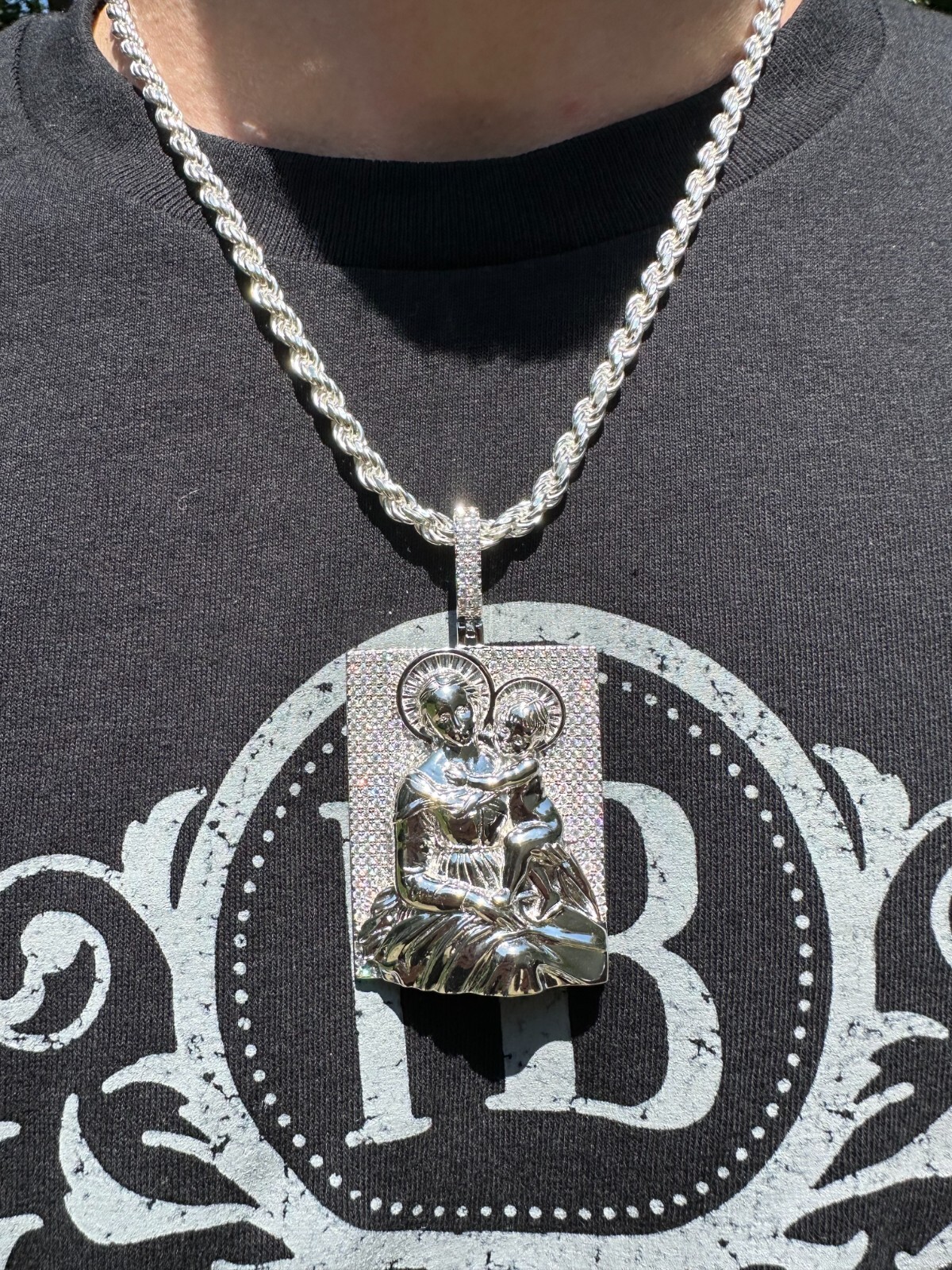 Pre-owned Harlembling Moissanite Virgin Mary Pendant Real 925 Silver Necklace Large 2.5" Ice Out Piece In White
