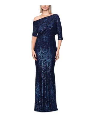 BETSY & ADAM Womens Navy Lined Blouson-fit Bodice Elbow Sleeve Gown Dress 8