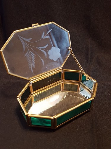 Vintage Stained Glass Etched Trinket Jewelry Box Iris Flower Pattern Bird LOT/4