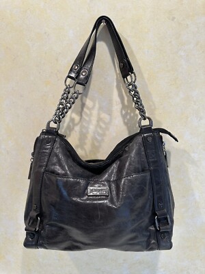 Grace Adele Black Dylan Leather Silver Chain Large Shoulder Bag EUC.   40
