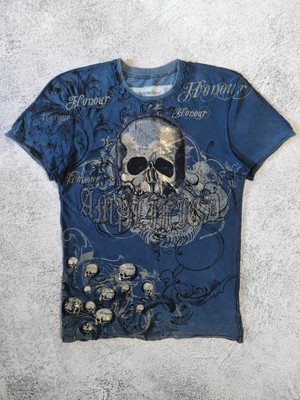 Amplified Overprint Skull Distressed Y2K T-Shirt, Size M