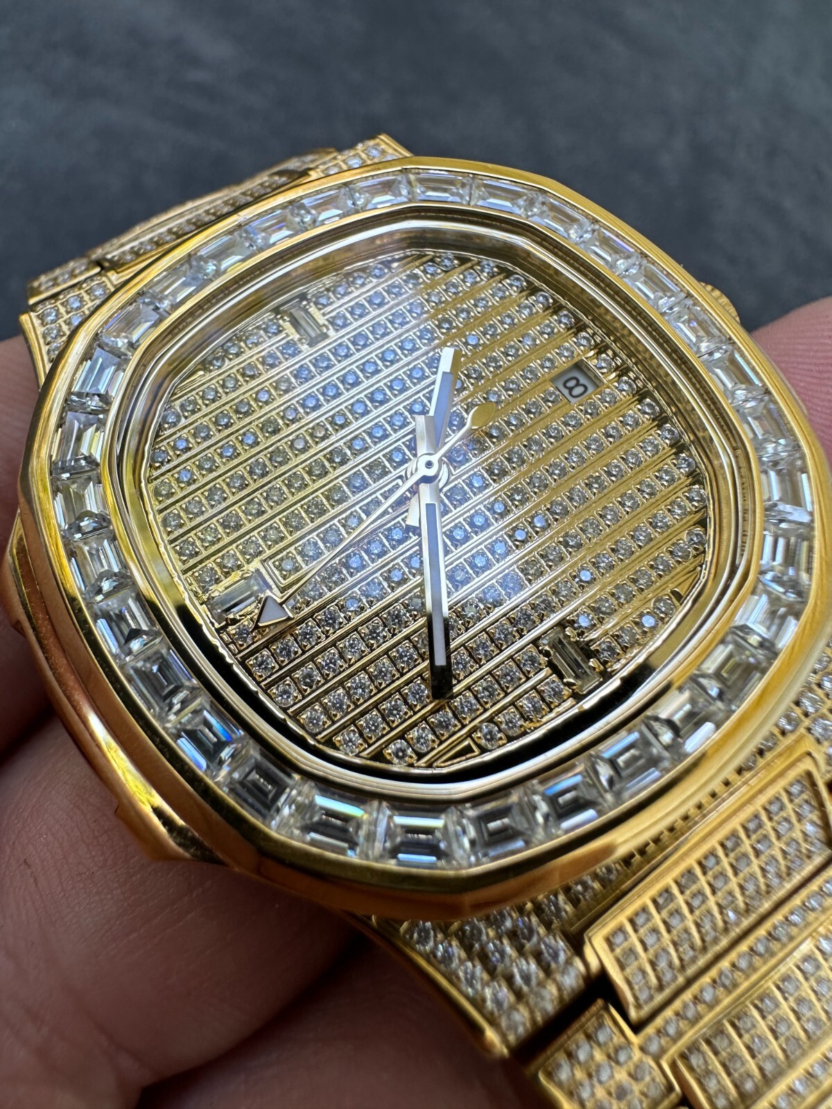 Pre-owned Real Mens Baguette 14k Gold  Moissanite Watch Iced Automatic Movement Hiphop