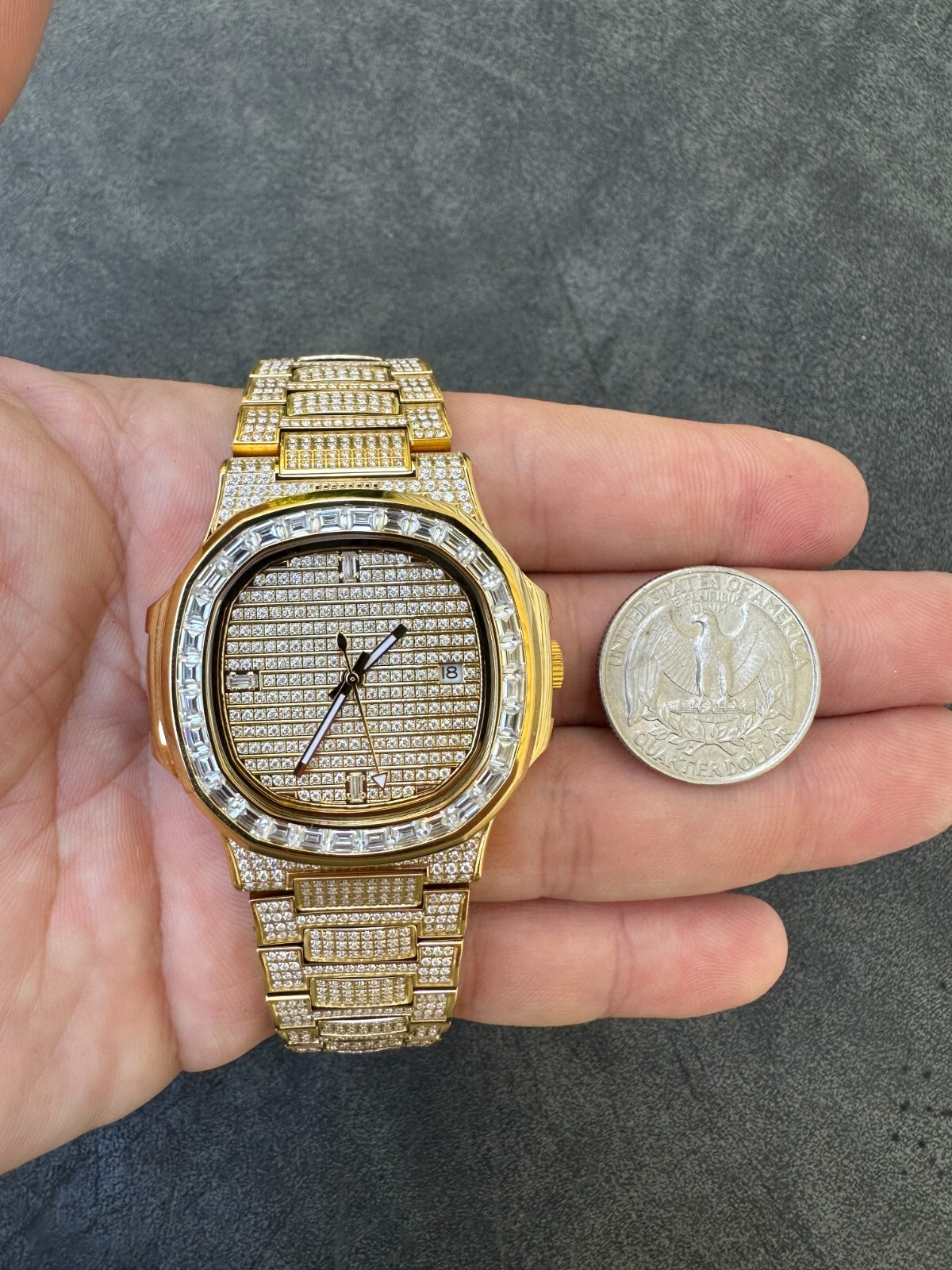 Pre-owned Real Mens Baguette 14k Gold  Moissanite Watch Iced Automatic Movement Hiphop
