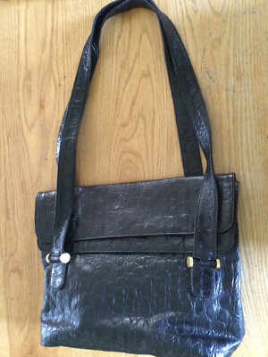 Vintage Donna Karan New York Black Leather Embossed Double Handle Shoulder Bag