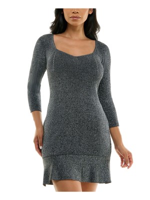 BCX DRESS Womens Silver Hem 3/4 Sleeve Short Body Con Dress Juniors L