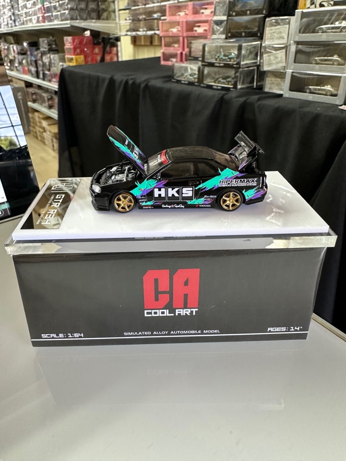 NISSAN SKYLINE GT-R R34 HKS LIVERY HOOD & TRUNK OPENS 1/64