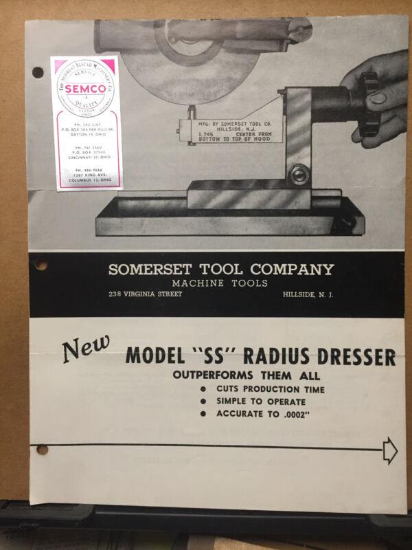 Vtg Somerset Tool Company Brochure SS Radius Dresser Machine Tool 1950s?