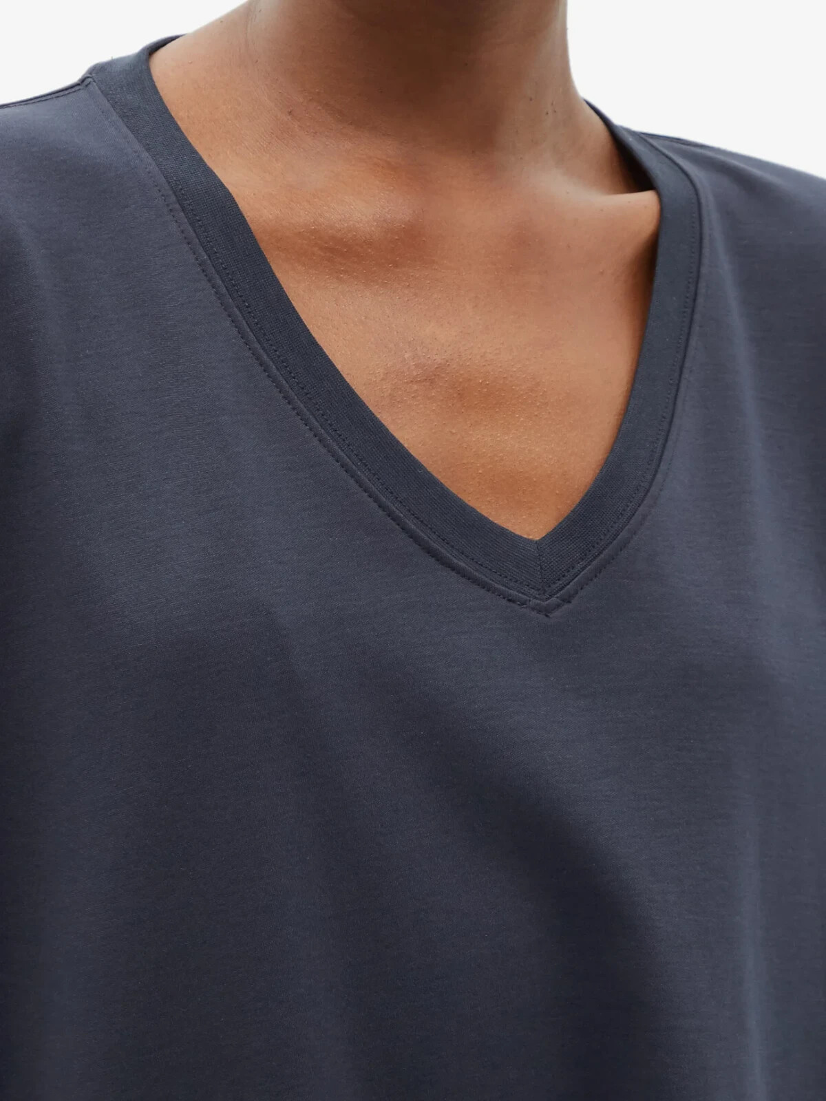 Pre-owned Eskandar Dark Navy V-neck Mid Weight Pima Cotton 30" Long Top W/pocket O/s In Blue