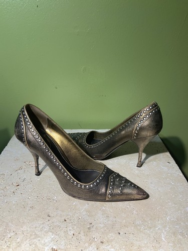 Prada Womens Leather Classic Pumps Distressed Copper Gold