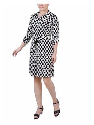 NY COLLECTION Womens Ivory Roll-tab Sleeve Below The Knee Shirt Dress Petites PM