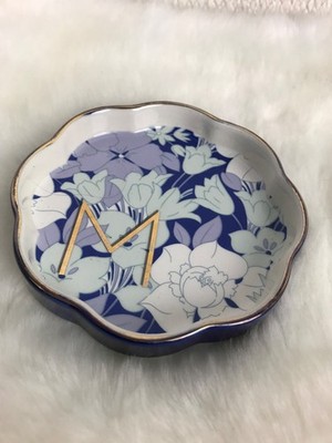 Anthropologie Lyla Floral Monogram Letter M Scalloped Ceramic Trinket Dish