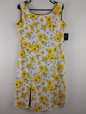 NEW Sag Harbor Dress Women 12 Yellow White Floral Midi Pleated Shift Sleeveless