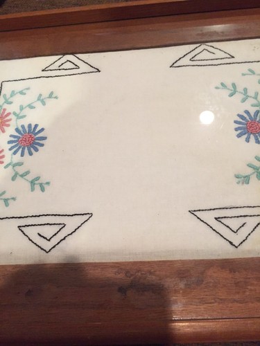 Vintage Wood Serving Tray W/ Glass Covered Embroidery Design-19”x 12.5”