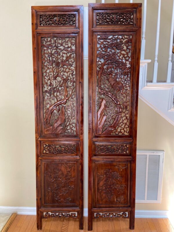 Pair of Southeast asian vintage carved wood panels/doors, each 80" x 18"