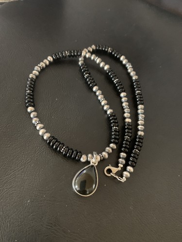 Pre-owned Handmade Mens Black Onyx Pendant Navajo Pearls Sterling Silver Necklace 11906
