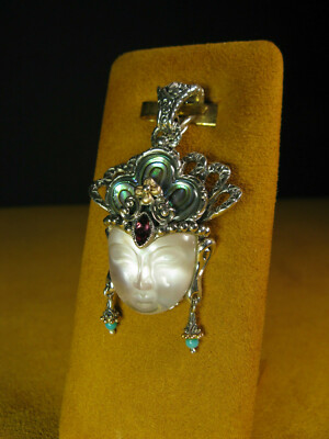 BARBARA BIXBY QUAN YIN MOP FACE CARVED FLOWER ABALONE ENHANCER PENDANT Gemstone