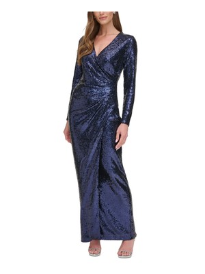 DKNY Womens Navy Lined Long Sleeve Full-Length Formal Faux Wrap Dress 8