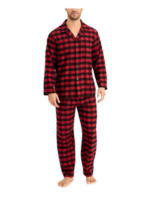 CLUBROOM Mens Red Plaid Long Sleeve Button Up Top Straight leg Flannel Pajamas L