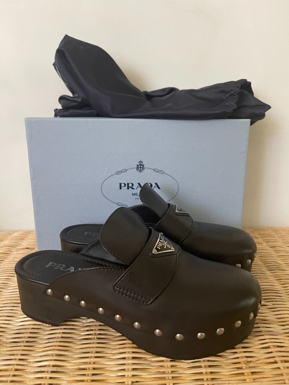PRADA $1320 Black Leather Studded Triangle Logo Platform PRADA $1320 Black Leather Studded Triangle Logo Platform