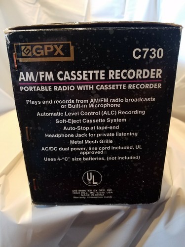 VTG GPX C730 Portable AM/FM Stereo Cassette Player - Auto Reverse New Old Stock