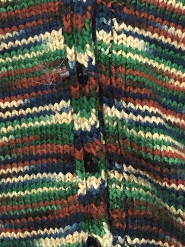 Handknit Striped Kids Button Up Cardigan  Size 4 - 5  Green Red White Yellow