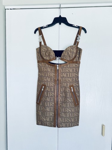 Pre-owned Versace Logo Print Cut Out Monogram Mini Dress Leather Trims It 40 Us 4 $3050 In Brown Tan