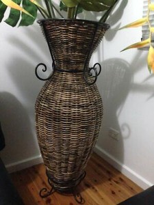 Large Wicker Weave Floor Vase With Wrought Iron 109cm High